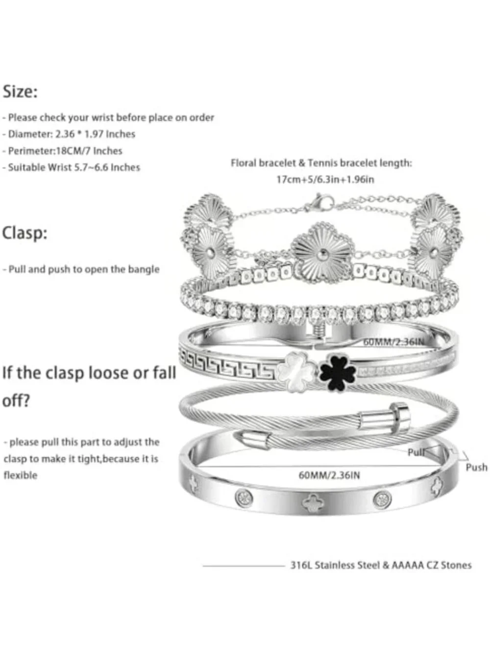 Trendy Silver Stackable Bangle Bracelets for Women - Non-Tarnish Clover Charm